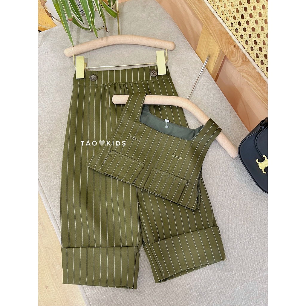 Set áo kẻ đứng màu rêu bé gái