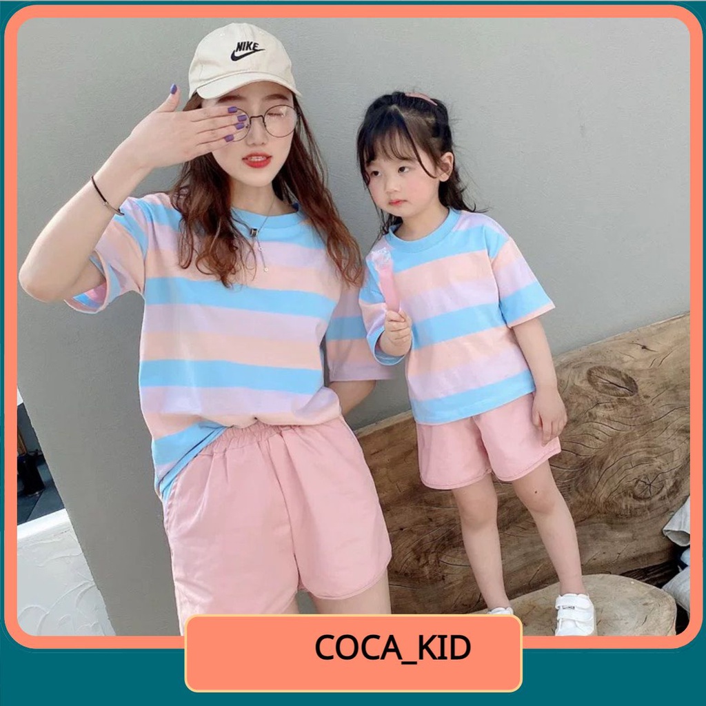 Set đồ đôi mẹ&bé áo phông-quần short"KẺ" 14-55kg.Màu sắc nhã nhặn,chất vải co giãn,thoáng mát.BG7