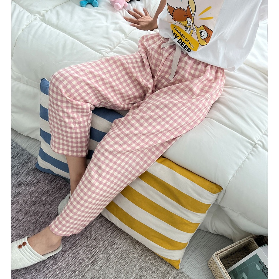 Quần dài baggy caro trắng hồng dễ thương vải ford cao cấp form rộng thoải mái đi chơi, mặc ở nhà ngủ