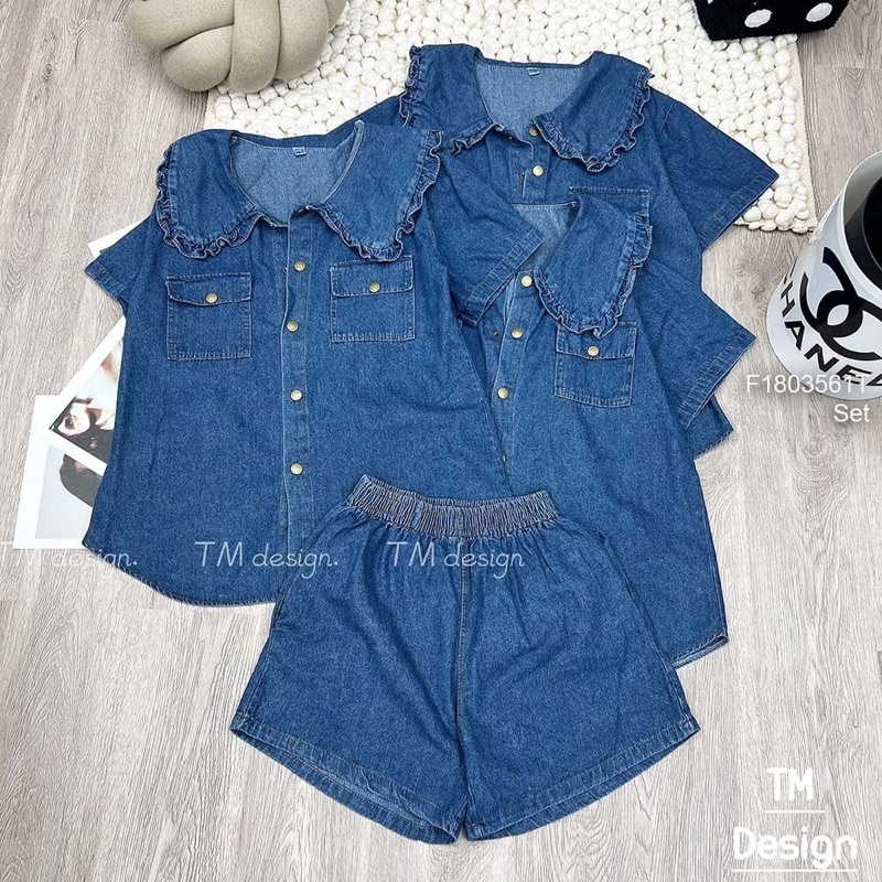 Set jean hoạ tiết gấu áo hai nắp túi kèm quần [ Kèm hình thật]