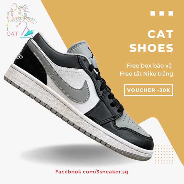Giày Nike Jordan 1 Low Smoke Grey, JD1 Thấp Đen Móc Xám; Full Box, Phụ Kiện, Tặng Vớ Trắng