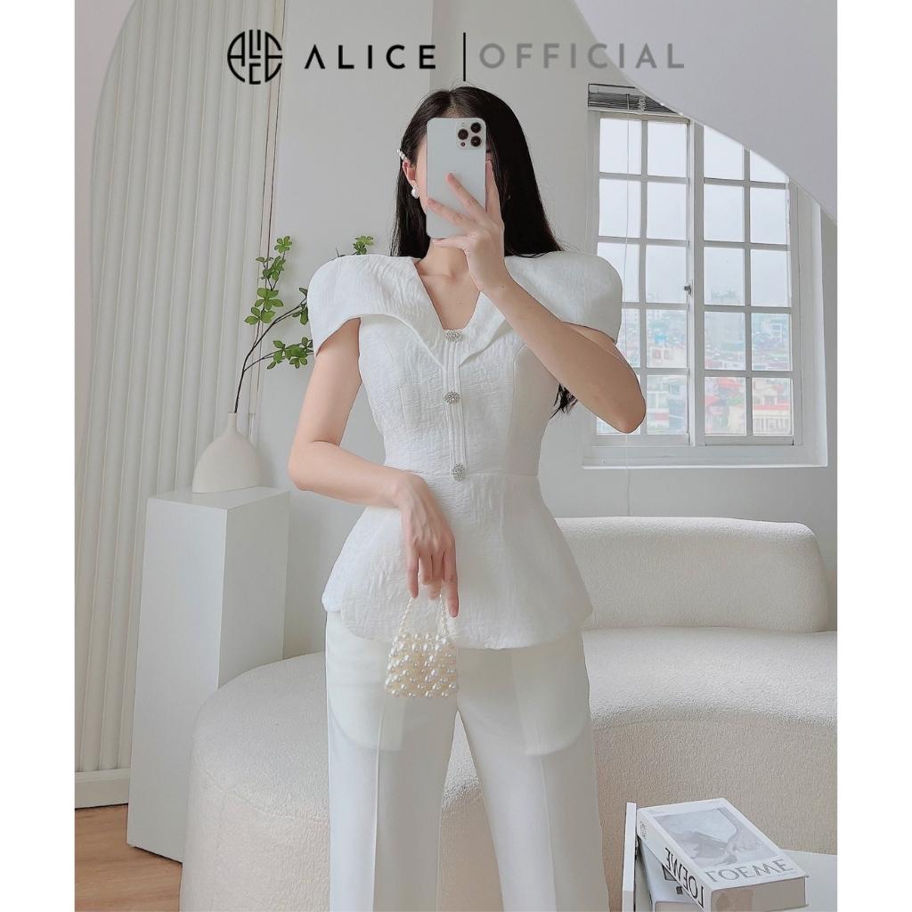 Set Áo Sơ Mi Cổ Chữ V Tay Bồng Dáng Xòe Và Quần Cạp Cao Ống Loe ALICE Phong Cách Sang Trọng Lịch Sự S263