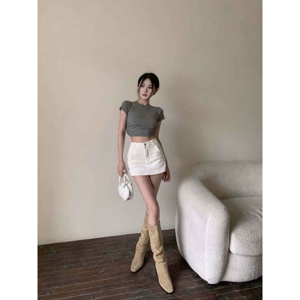 Jiashucheng Quần Culottes Denim Trắng Lưng Cao Thoải Mái Gợi Cảm Mùa Hè Cho Nữ Hakama