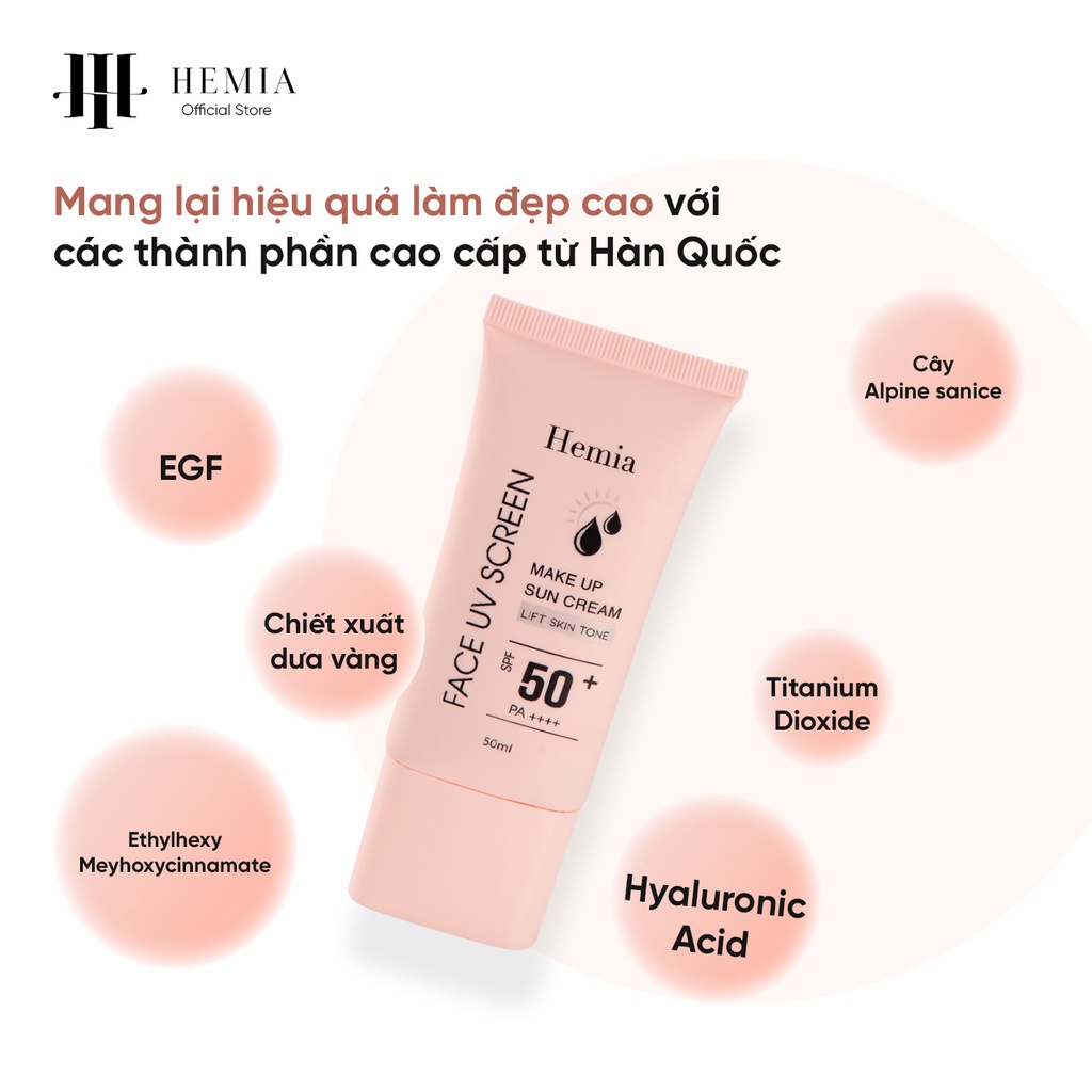 Kem chống nắng Hemia 50ml xuất xứ Hàn Quốc, chỉ số chống nắng SPF 50+ PA++++, Da sáng dạng dỡ tức thì. luhacosmetics