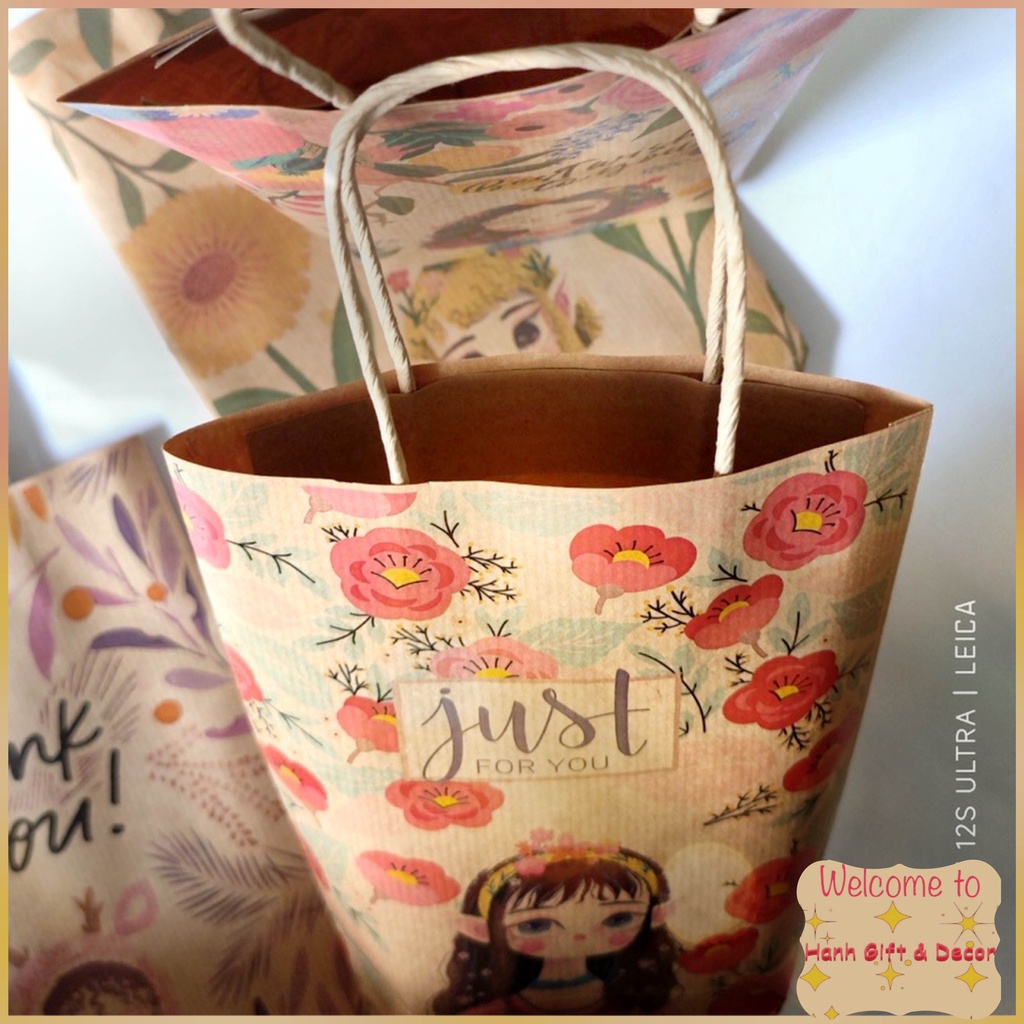 (Có quai xách) Túi giấy kraft nâu đựng quà KT 22x15cm phong cách cổ điển vintage Bao bì giấy kiểu giỏ xách có quai