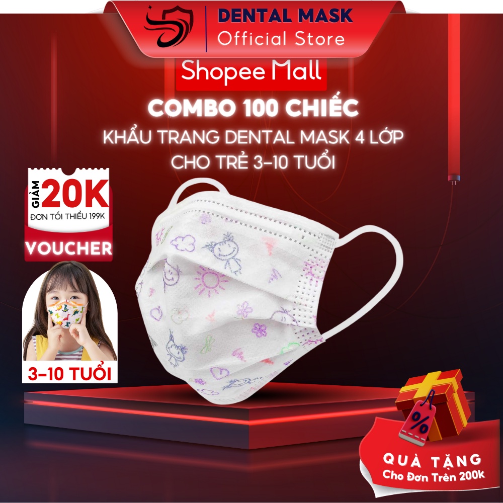 Khẩu trang y tế trẻ em Dental Mask (combo 100 chiếc) cho bé từ 3 đến 10 tuổi 4 lớp chống nắng tia UV họa tiết hoạt hình