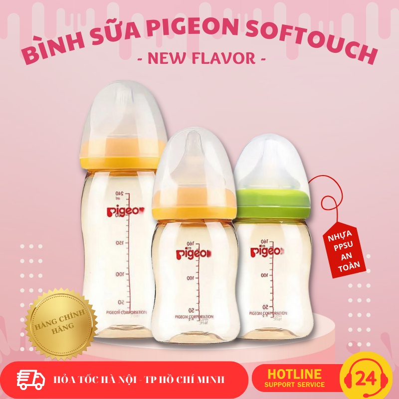 Bình sữa Pigeon Softouch cổ rộng dung tích 160ml / 240ml chất liệu PPSU an toàn cho bé phiên bản mới 2023