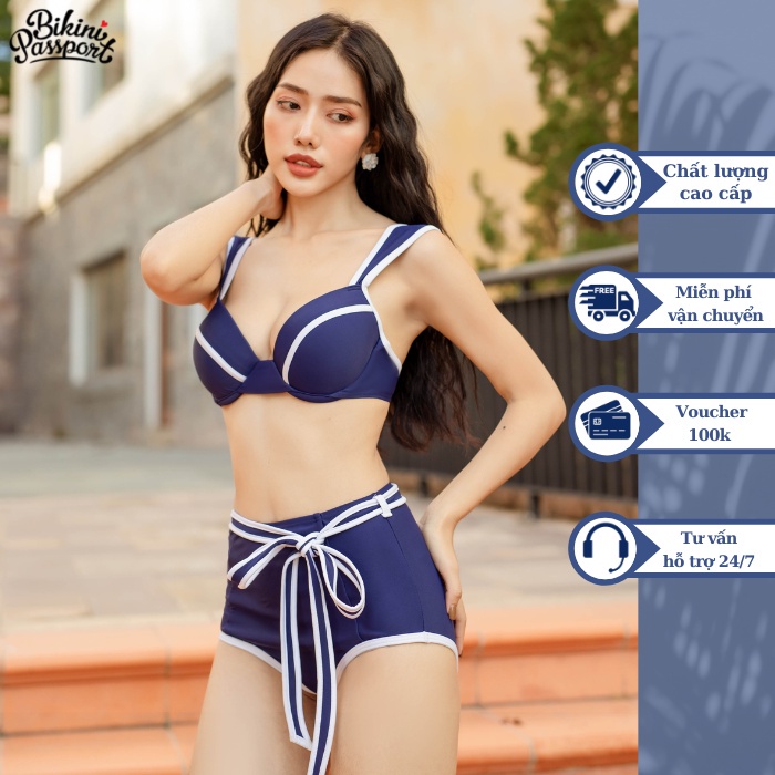 Đồ bơi nữ BIKINI PASSPORT dạng hai mảnh lưng cao áo gọng, phối đường cách điệu - Xanh Navy - BS419_NV