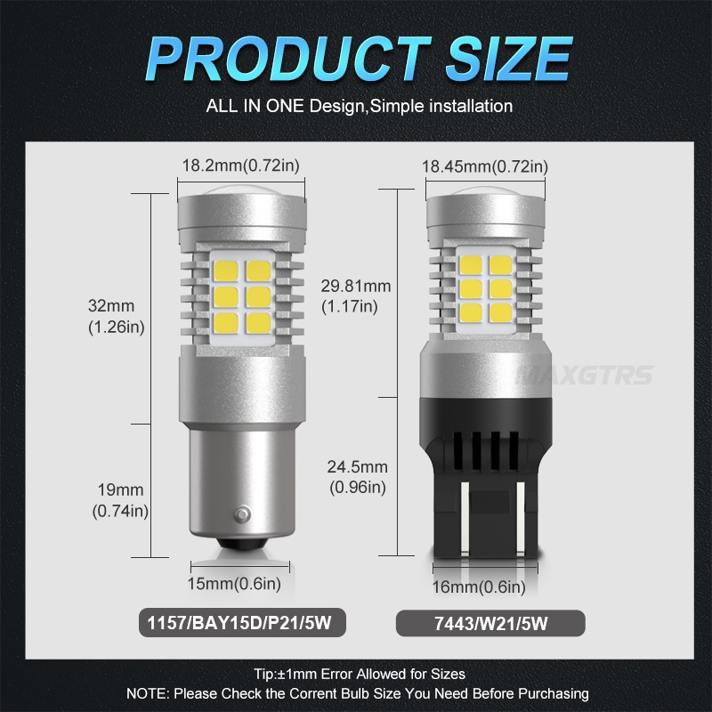 2 Bóng LED MAXGTRS T20 W21W 7440 7443 W21/5W 1156 BA15S P21W 1157 BAY15D P21/5W gắn đèn tín hiệu cho xe hơi