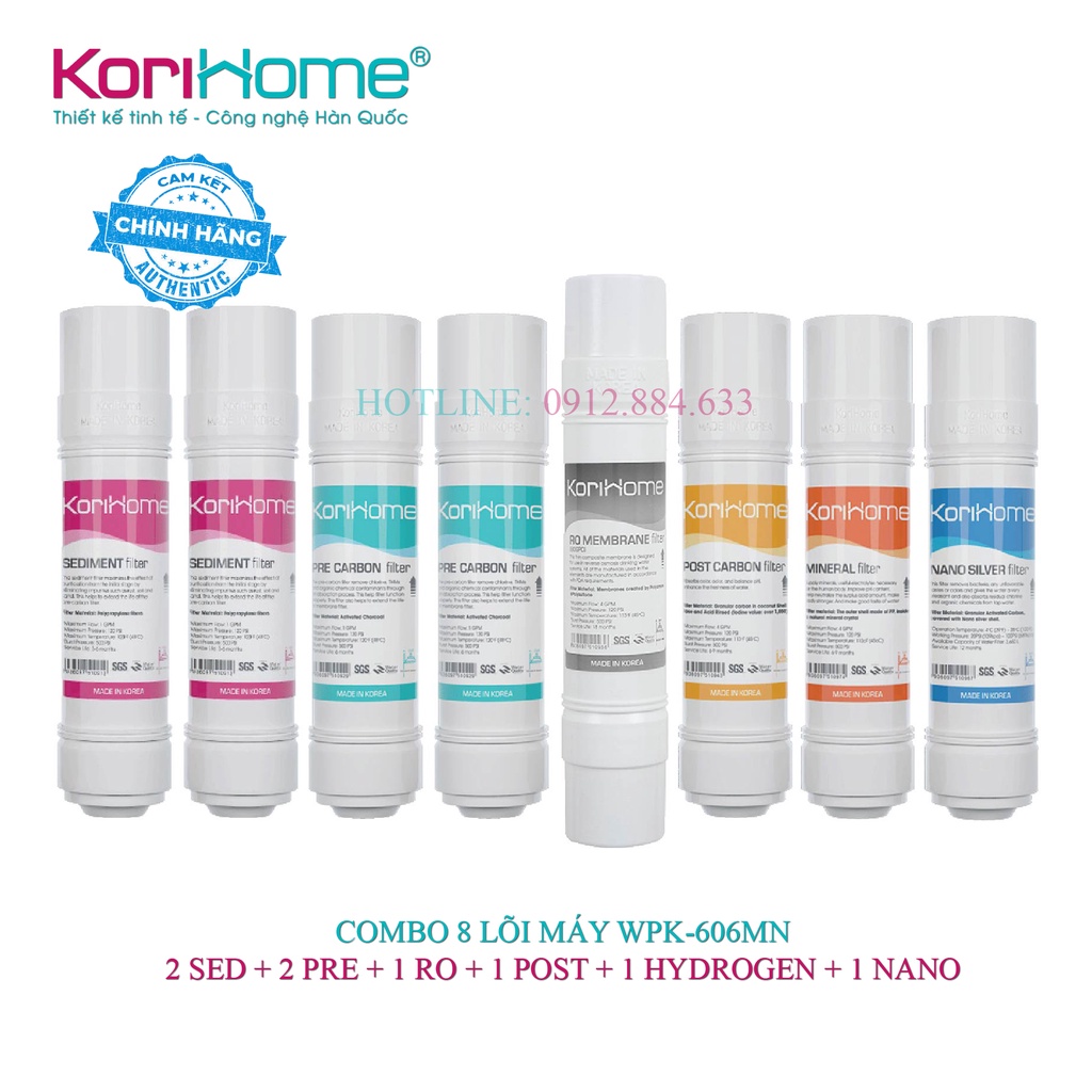 Bộ 8 lõi lọc nước Korihome WPK-606-MN nhập khẩu Hàn Quốc dùng cho máy lọc nước Korihome WPK-606-MN