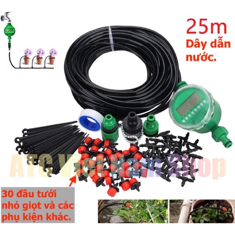 Combo bộ tưới cây tự động gồm 30 đầu tưới, 25m dây dẫn nước, 1 van điều khiển cấp nước tự động và đầy đủ phụ kiện khác