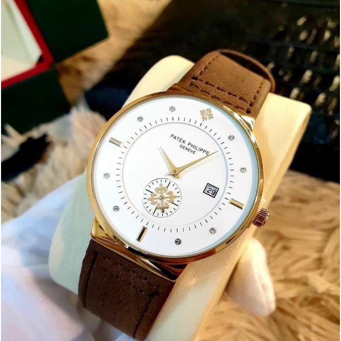 Đồng hồ nam Patek philippe mặt tròn cổ điển dây da thời trang thanh lịch, chống xước, chống nước