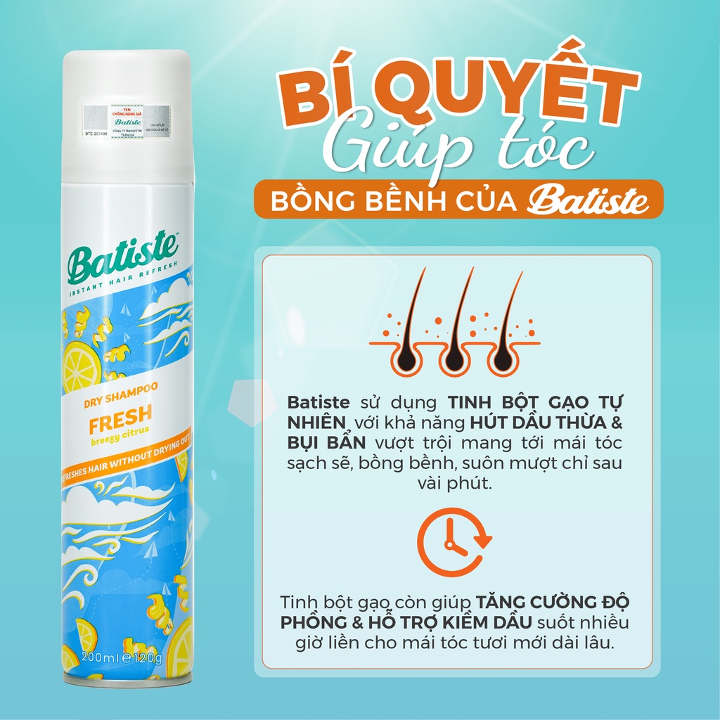 Dầu Gội Khô Batiste Tươi Mát Tức Thì - Batiste Dry Shampoo Light & Breezy Fresh 200ml