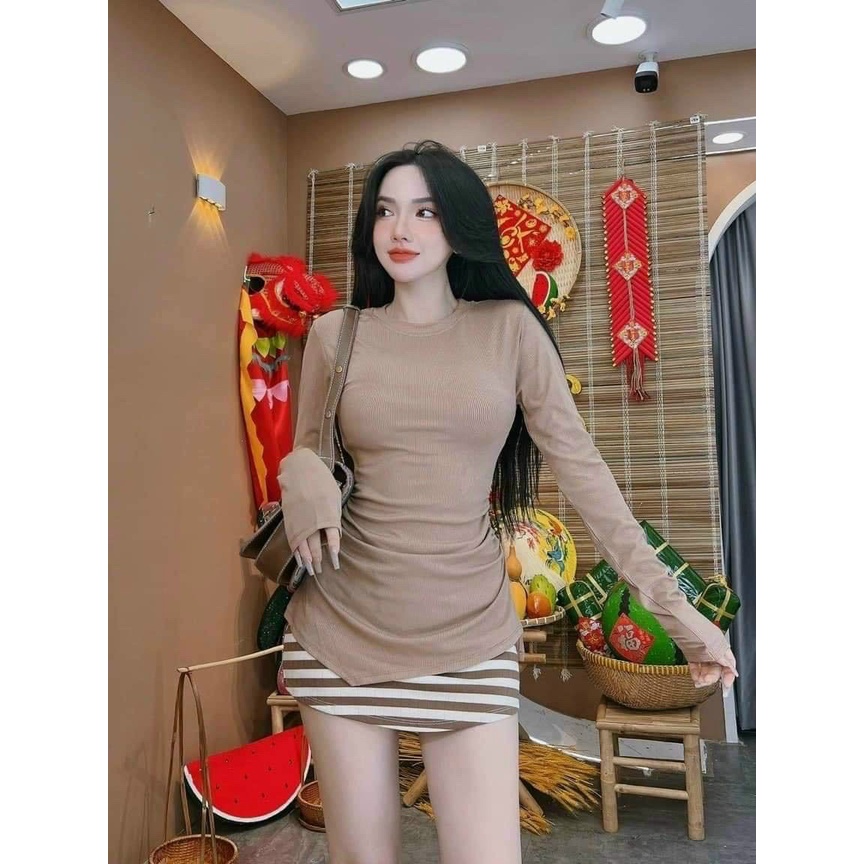 Set bộ đồ body nữ form dài tay mix chân váy sọc ngang xinh xắn, cute dành cho các nàng