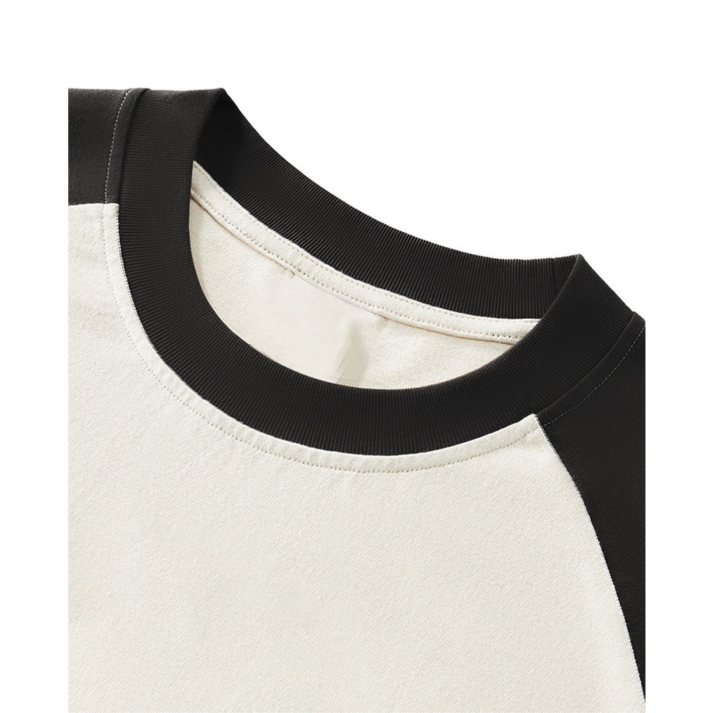 Áo thun raglan cotton hai màu cổ tròn unisex streetstyle tay lỡ nam nữ oversize trơn in theo yêu cầu