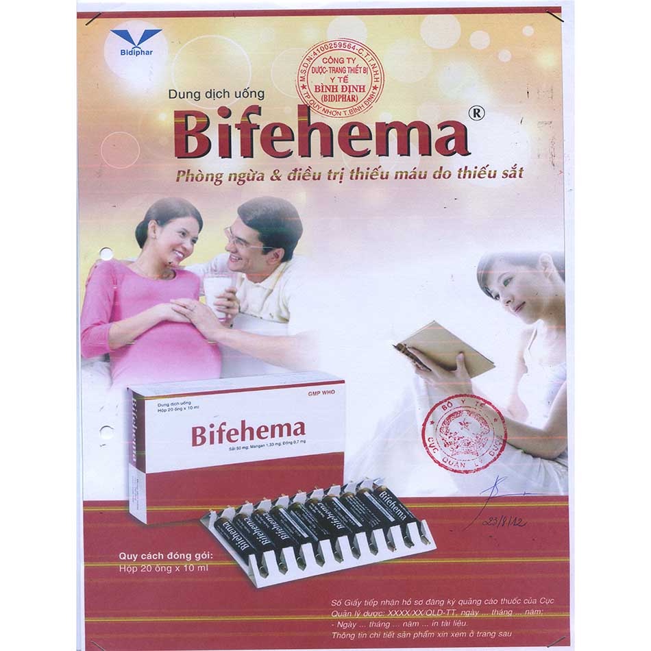 Bổ máu Bifehema Bidiphar Bổ Sung Sắt Cho Phụ Nữ Có Thai, Cho Con Bú , cho trẻ em-  20 ống
