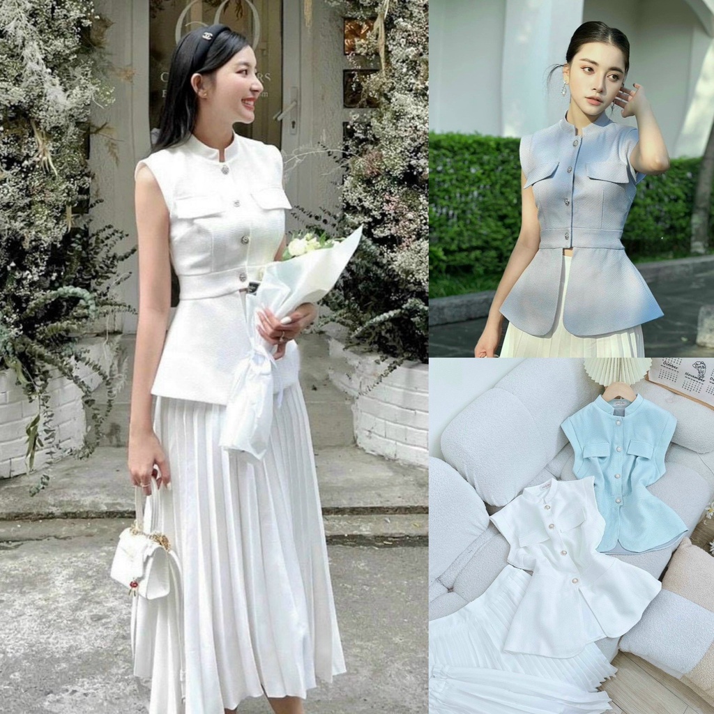 Set bộ đồ nữ áo bèo xốp caro đính cài nút mix chân váy voan dập ly sang chảnh với 2 tone màu sáng da dành cho các nàng