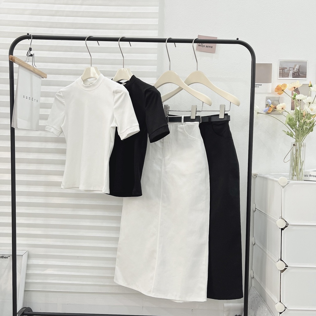 Set Áo Ôm Cổ Tròn Mix Chân Váy Kaki Dáng Dài Kèm Đai, Chất Áo Cotton Zip Co Giãn Dày Dặn, Hai Màu Basic