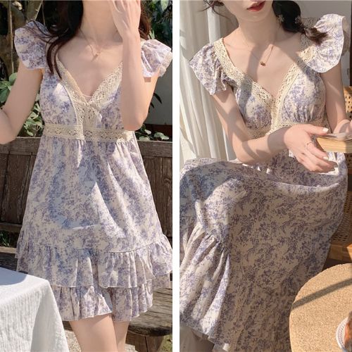 (SẴN) Set bộ nữ 2 dây họa tiết lượn sóng xanh bo chun quảng châu