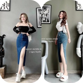Chân váy jean cạp cao dáng dài thiết kế Xẻ Tà 1 Bên