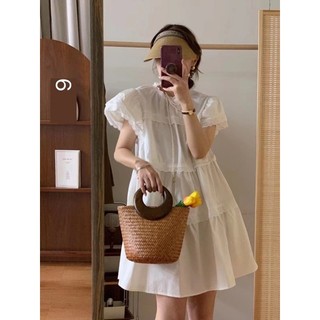 Váy babydoll nữ cổ tròn phối ren ngắn tay dáng xòe ngắn