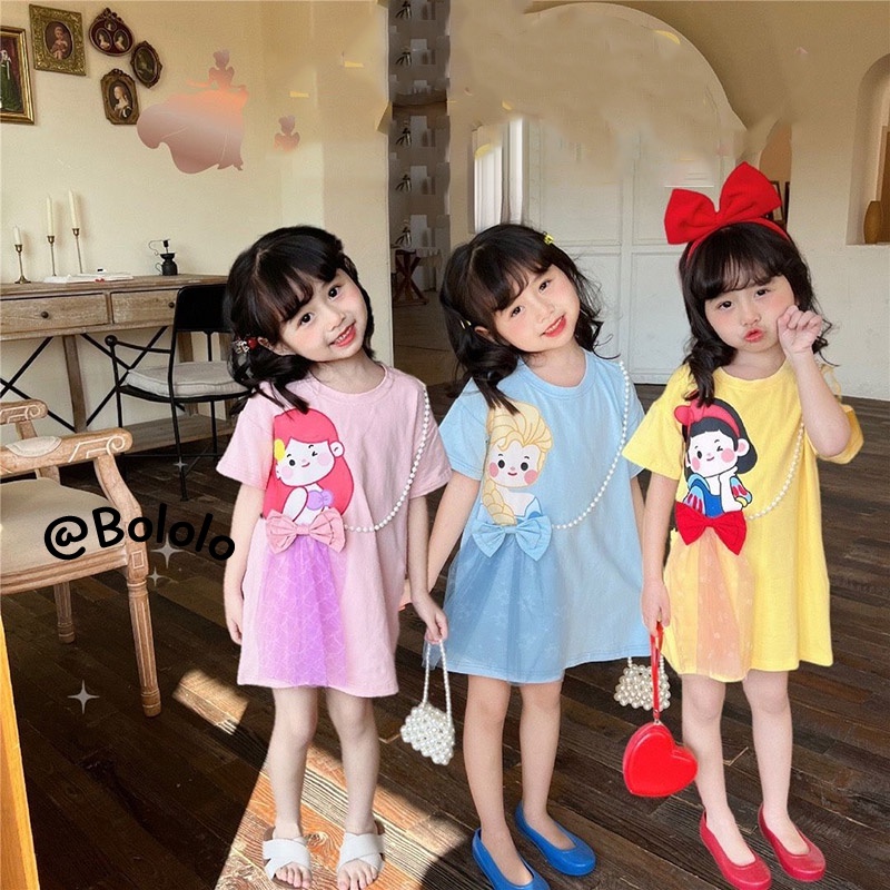 Bololo Đầm Thun Tay Ngắn Phối Lưới In Hoạt Hình Công Chúa Aisha Xinh Xắn Cho Bé Gái
