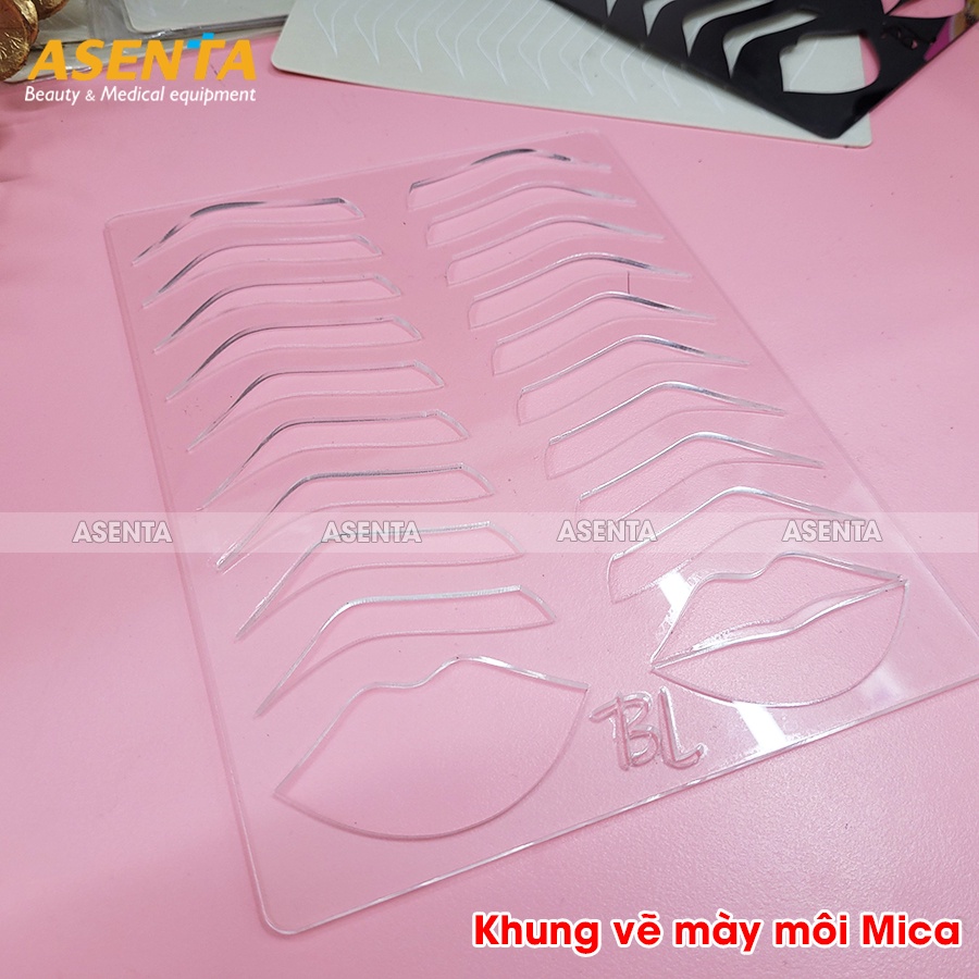 Khuôn vẽ chân mày, môi tập trên da giả, khung mày inox, khung mica