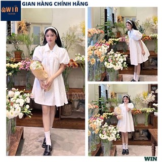 Váy gấm babydoll cổ sơ mi cúc ngọc tay bồng dáng xòe, Đầm tiểu thư gấm xốp siêu sang chảnh lên đồ cực xinh - WIN