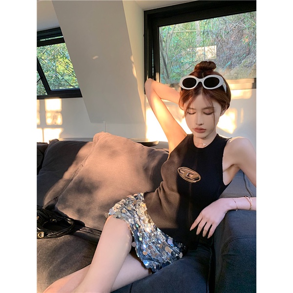 QADCOL Áo Len Cổ Thuyền Không Tay Màu Đen Thời Trang Xuân Hè Cho Nữ