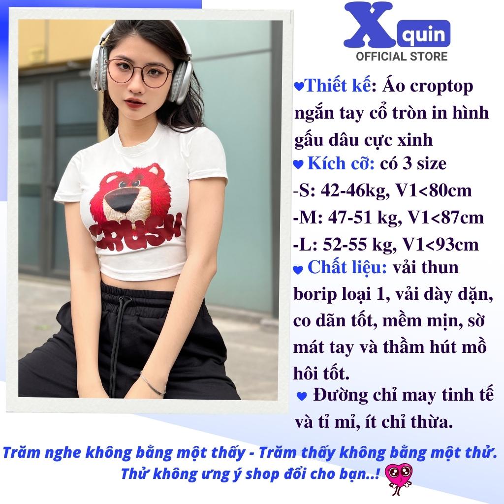 Áo croptop nữ ngắn tay in hoạ tiết Gấu dâu Xquin, Áo kiểu nữ ngắn tay cổ tròn phong cách Hàn Quốc