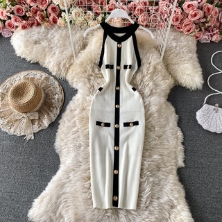 Đầm body dài đầm body sexy váy body không tay hàng cúc giữa quyến rũ đen trắng mùa hè
