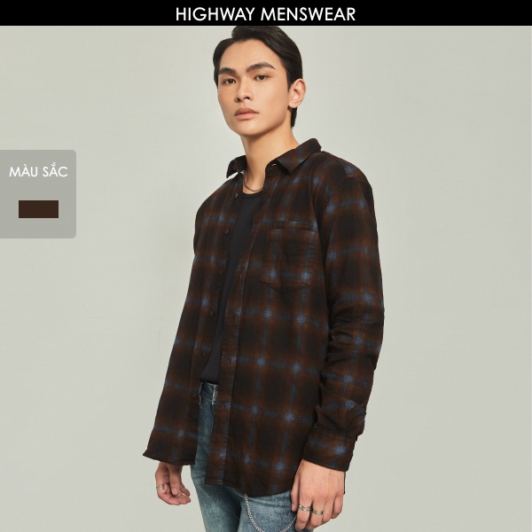 Áo sơ mi flannel nam cotton Highway (Menswear) Johan Kẻ nâu xanh