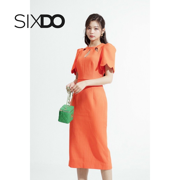 Đầm midi cổ khoét cánh hoa thời trang SIXDO (Orange Keyhole Neckline Midi Raw Dress)