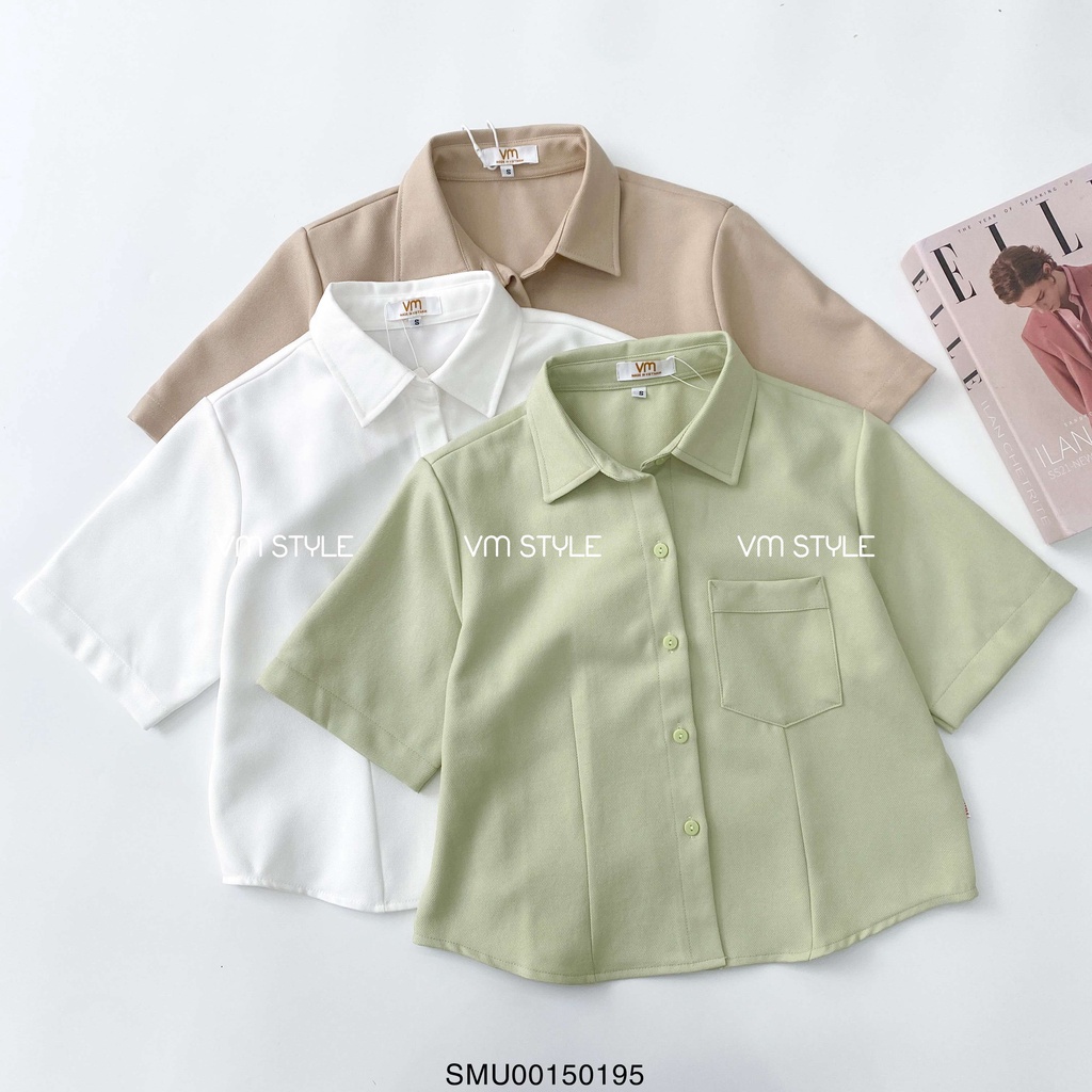 [Mã FATREND2810 giảm đến 30k tối đa 99k] Áo sơ mi nữ VMSTYLE tay ngắn cổ bẻ croptop trơn 1 túi bên basic C07 - SMU00150