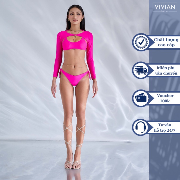 Đồ bơi nữ cao cấp 𝐕𝐈𝐕𝐈𝐀𝐍 dạng hai mảnh áo chữ U phối áo cover tay dài sexy - màu Hồng - VS180_PK