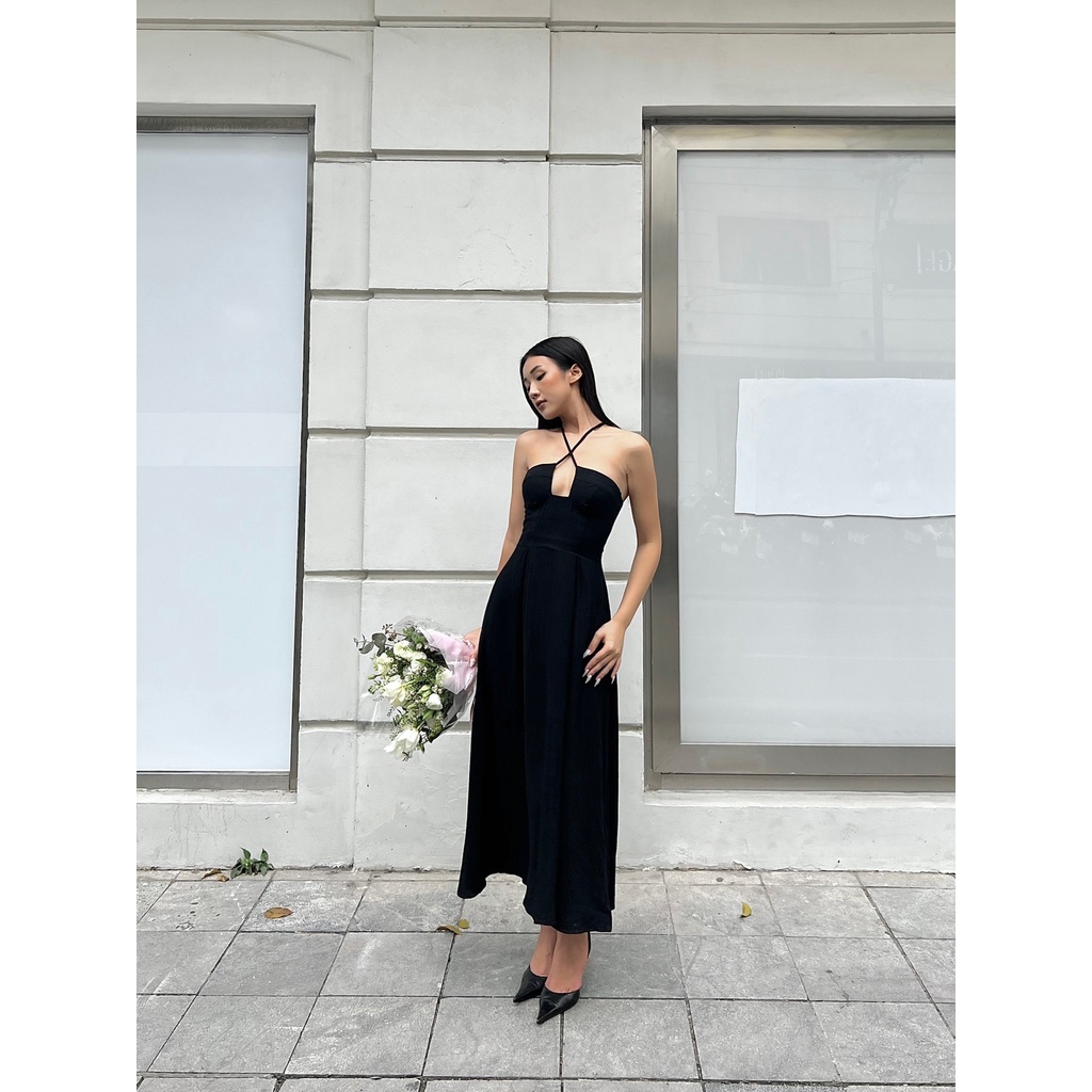 Lucy Dress_ đầm yếm xẻ ngực có sẵn mút ngực chất liệu linen Bamboo_hanami Store