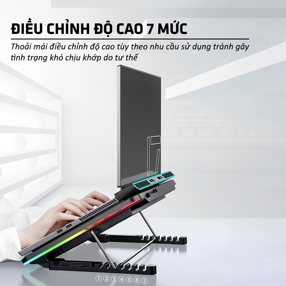 Đế tản nhiệt laptop gaming SIDOTECH ICE F5 6 quạt giá đỡ laptop đèn led rgb chỉnh tốc độ gió làm mát nhanh chống ồn