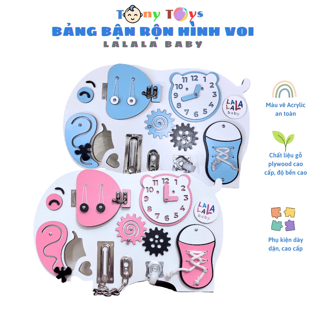 Bảng bận rộn Lalala baby hình con voi, kích thước 40*25.5cm, phụ kiện cao cấp, an toàn, giúp bé phát triển kỹ năng sống