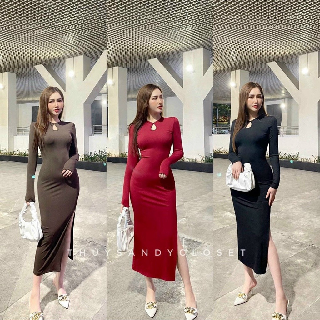 Đầm ôm body thun gân tay dài năng động sẻ tà sexy quyến rũ