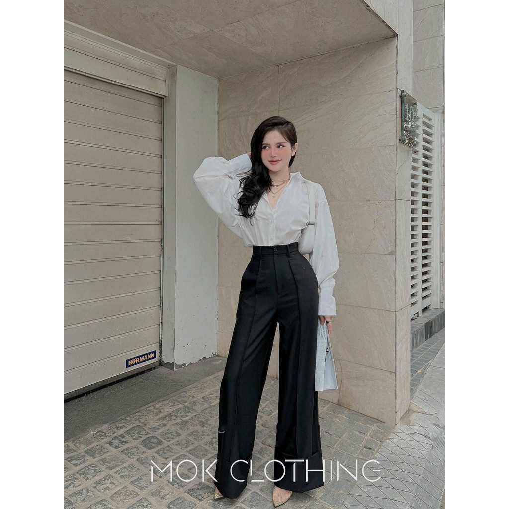 Set Áo Sơ Mi Trắng Mix Quần Tây Suông Ống Rộng Cạp Cao Tôn Dáng Hàng Thiết Kế Cao Cấp