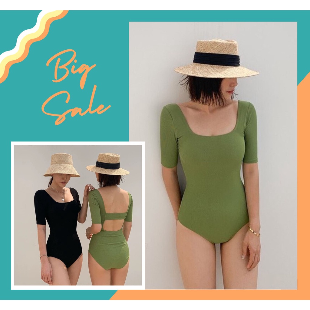 Set Bikini, Đồ Bơi Đi Biển Dây Ngang Lưng Đen, Xanh Liền Mảnh New Linh Bikini