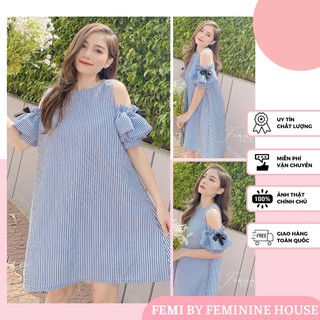 Đầm Rớt Vai Tay Nơ, đầm kẻ sọc, đầm suông xinh xắn, diện hè, đầm sọc phom suông.