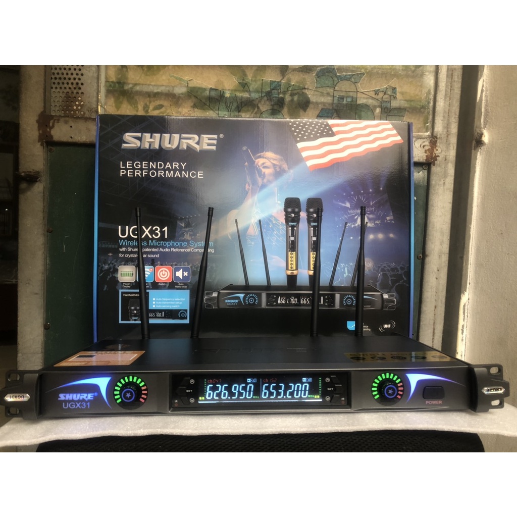 Micro SHURE UGX 31 - hàng loại 1, vỉ tím to, 4 hộp sóng, 4 anten thu sóng siêu khoẻ, hát nhẹ, chống hú tốt