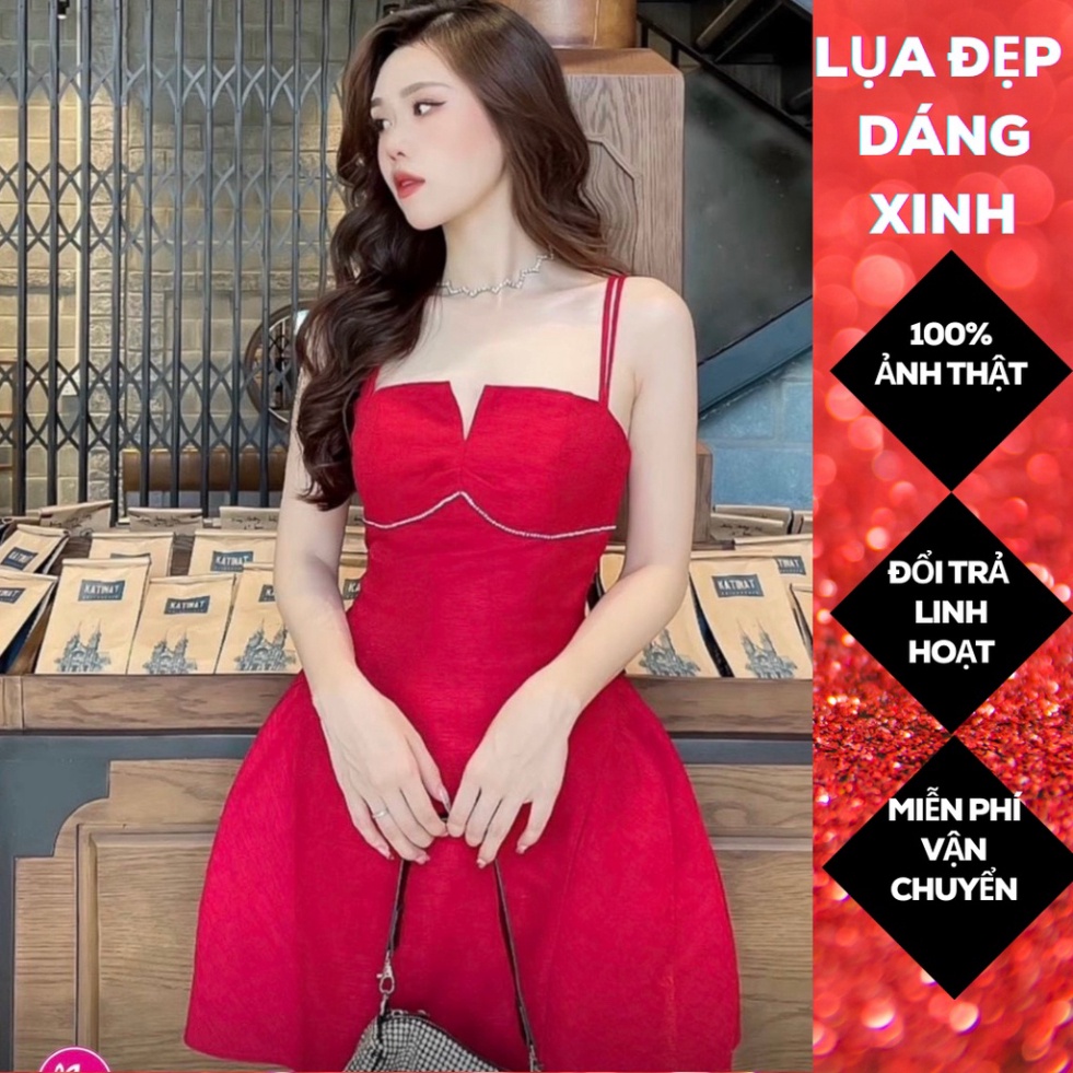 (Fom: <55kg) Đầm Đỏ 2s Cúp Ngực Xẻ Viền Cườm JL46
