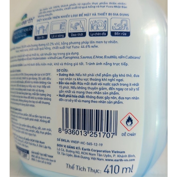 [Chai 410ml] XỊT DIỆT KHUẨN NHÀ BẾP [VN] NATUEARTH Antibacterial Alcohol Spray for The Kitchen