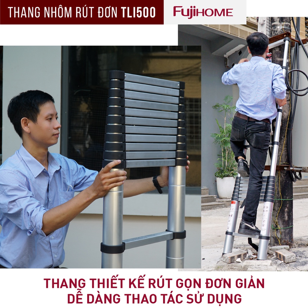 Thang nhôm rút gọn đơn nhập khẩu FUJIHOME TLI500 cao 5m - Hợp kim nhôm cao cấp - Bảo hành điện tử 24 tháng