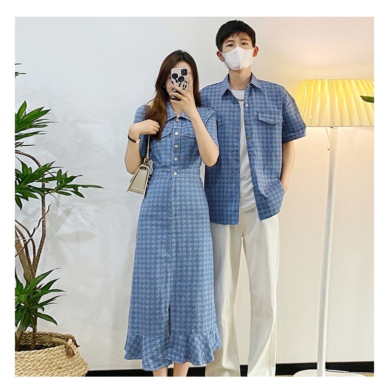 SET ĐỒ ĐÔI TÌNH NHÂN KẺ KARO MÀU XANH CHẤT BÒ MỀM ÁO SƠ MI NAM VÀ VÁY ĐẦM ĐUÔI CÁ NỮ. NEW 2023