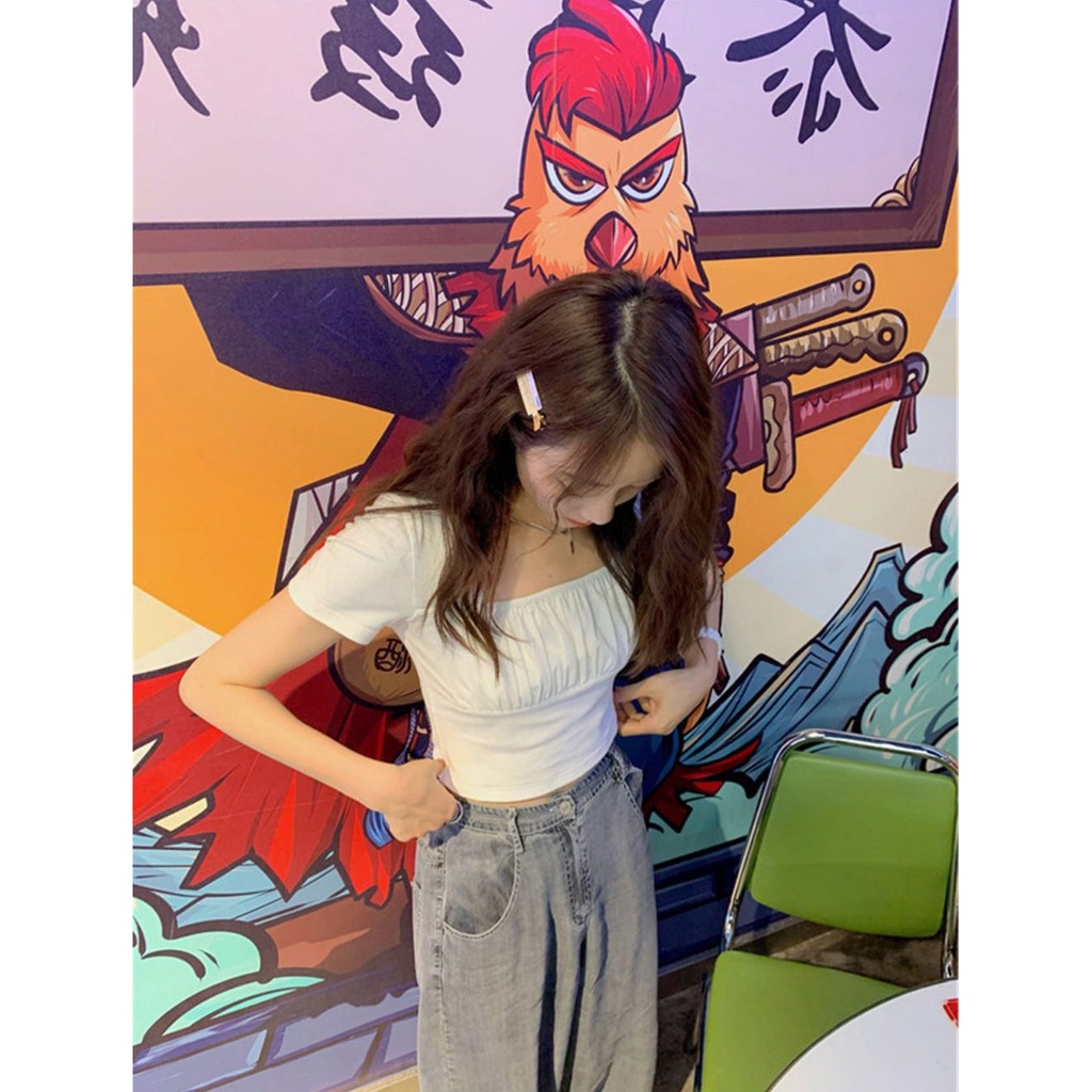 COZOK Áo Thun Lửng Ngắn Tay Cổ Vuông Thời Trang Nữ