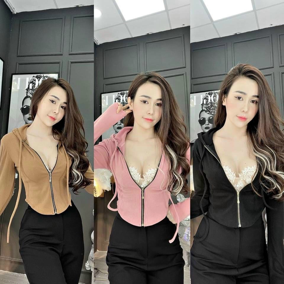 Áo khoác gân trơn ôm body lai bầu có mũ hót trend