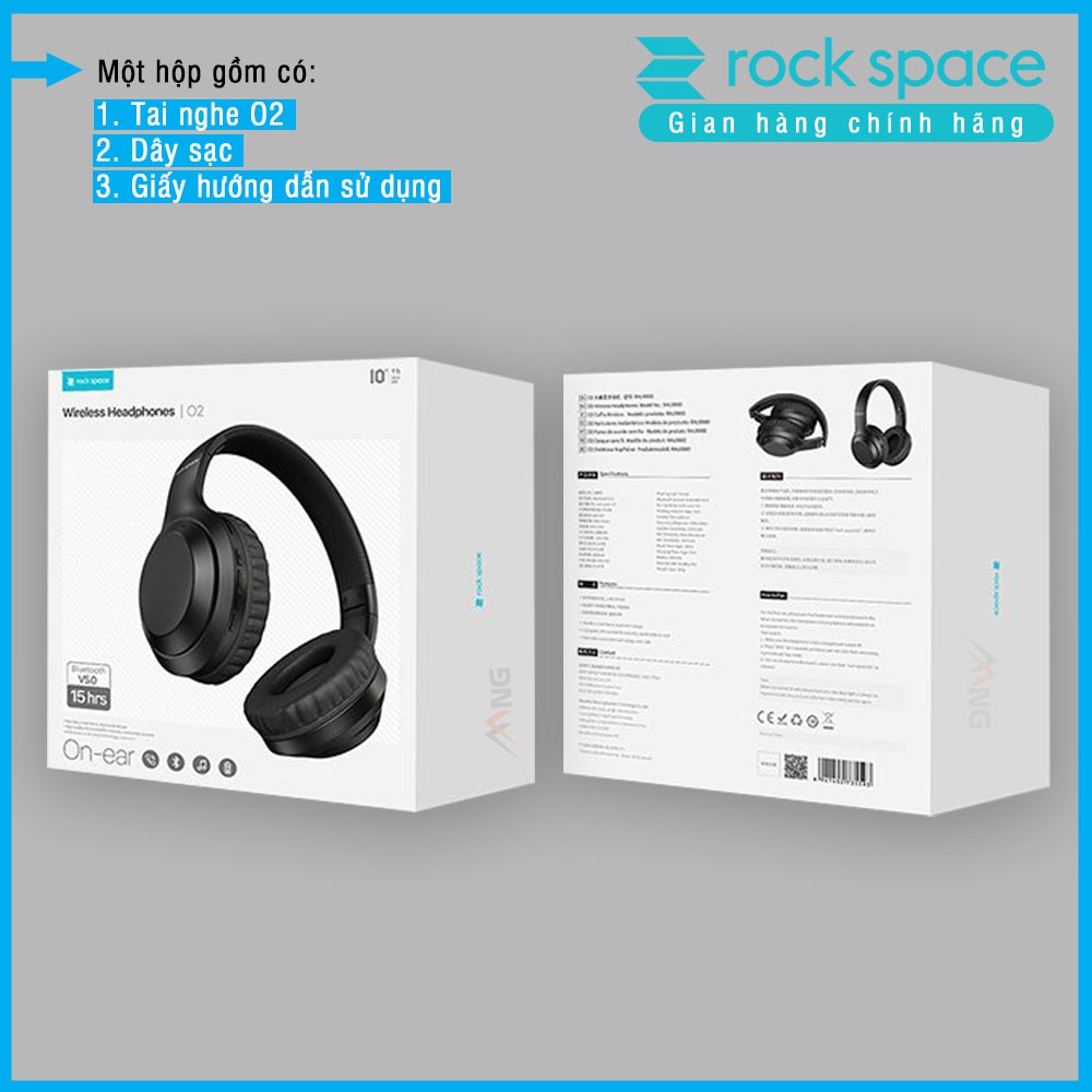 Combo 2 Tai nghe chụp tai headphone bluetooth Rockspace O2 có mic nghe nhạc liên tục 15h chính hãng - bảo hành 12 tháng